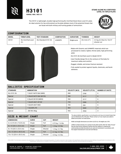 Lorica Equipment H3101-AP -Level 3 Plus Armour Piercing (Single Plate)