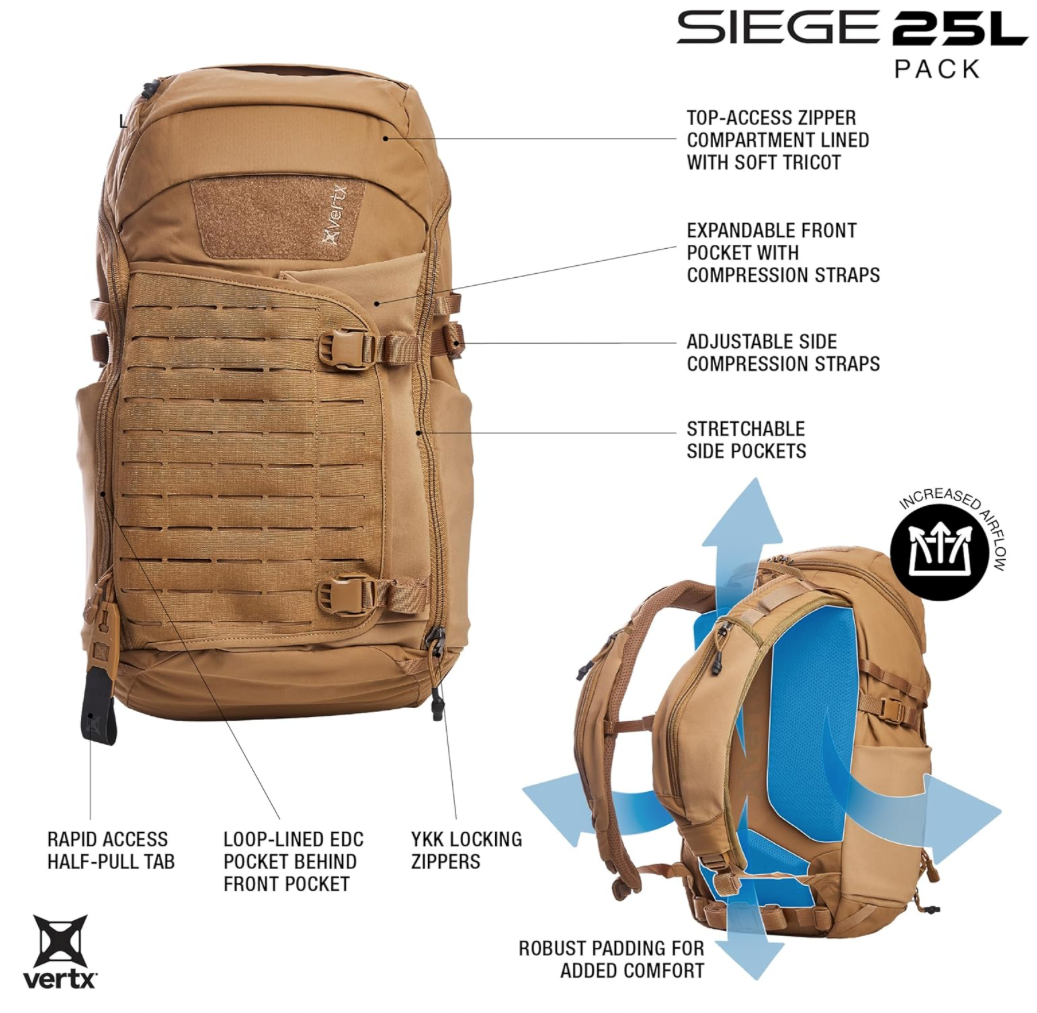 VERTX: Siege Tactical Backpack, 25 L (Black, Coyote, Wolf Grey)