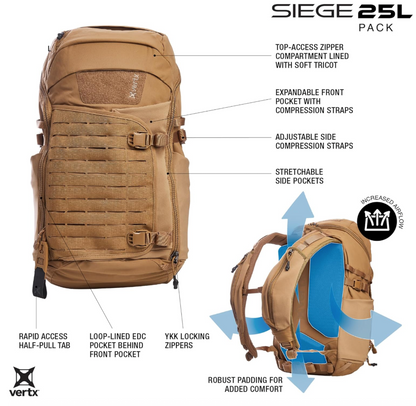 VERTX: Siege Tactical Backpack, 25 L (Black, Coyote, Wolf Grey)