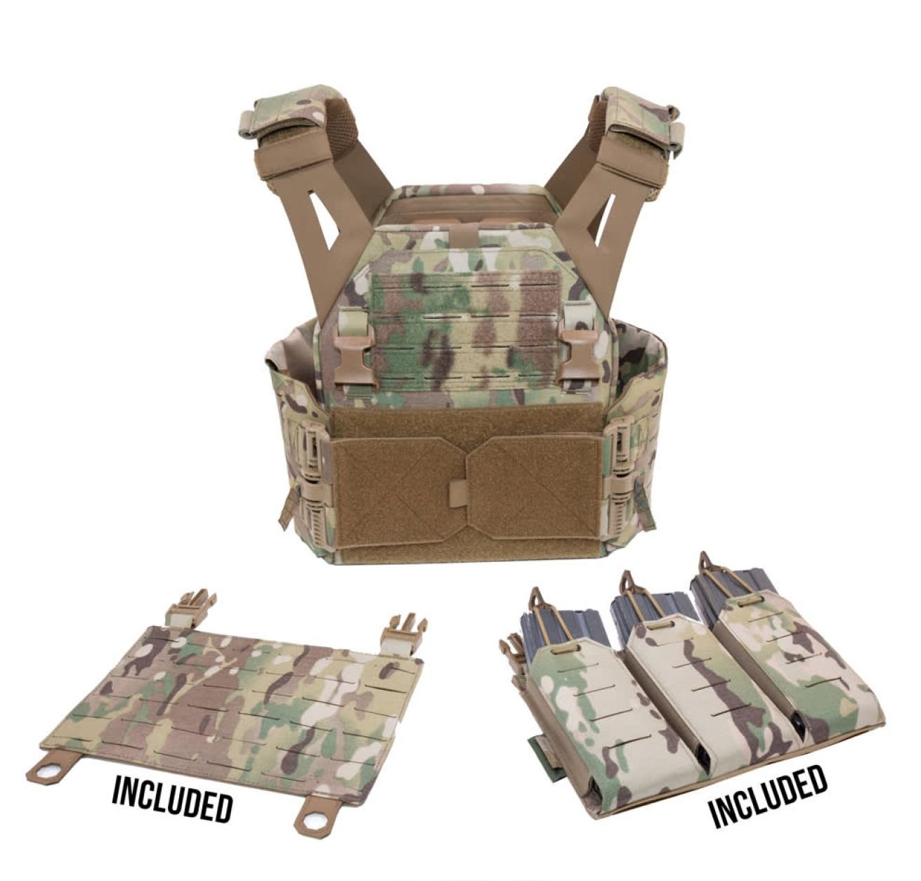 WARRIOR ASSAULT: Laser Cut Low Profile Plate Carrier (LPC) V1 with Solid Sides and 5.56 Triple Bungee Mag Pouch