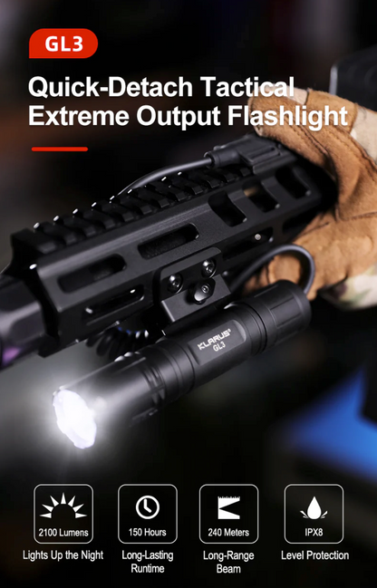 KLARUS: GL3 Quick-Detach Tactical Extreme Output Tactical Flashlight, 2100 Lumens