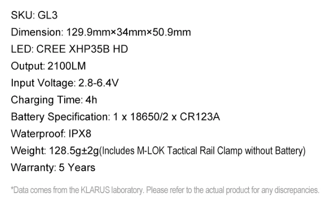 KLARUS: GL3 Quick-Detach Tactical Extreme Output Tactical Flashlight, 2100 Lumens