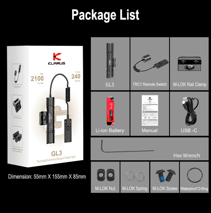 KLARUS: GL3 Quick-Detach Tactical Extreme Output Tactical Flashlight, 2100 Lumens
