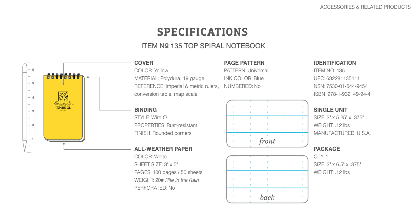 RITE IN THE RAIN: Top Spiral Notebook, 3x5