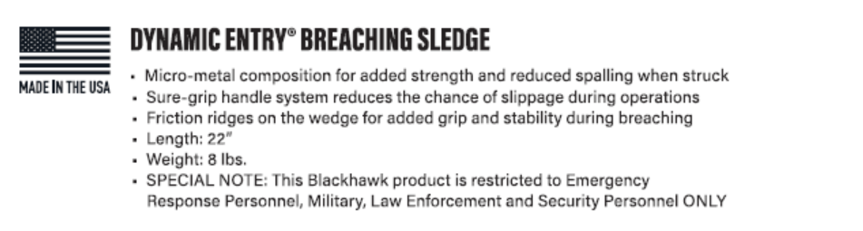 BLACKHAWK: Dynamic Entry Breaching Sledge DE-BS